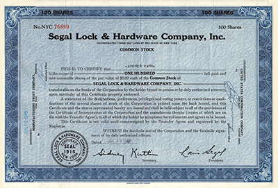 Segal Lock stock certificate 1946